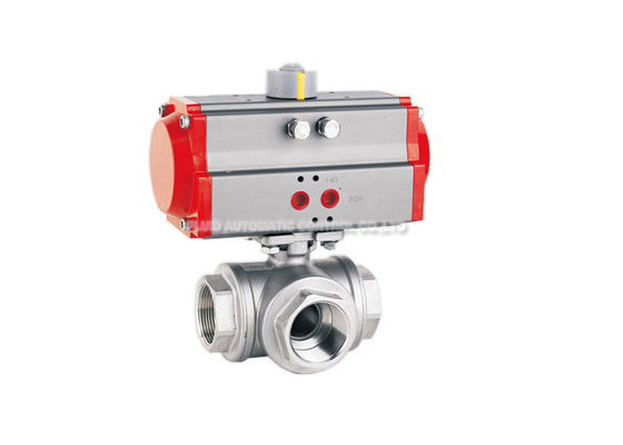 Katup Aktuator Pneumatik Tiga Arah 6.4MPa, Cairan Gas Katup Bola Stainless Steel